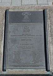 Plaque from 1999 commemorating a redevelopment of Cathedral Square, with O'Rourke listed as one of the councillors Cathedral Square redevelopment 971.JPG