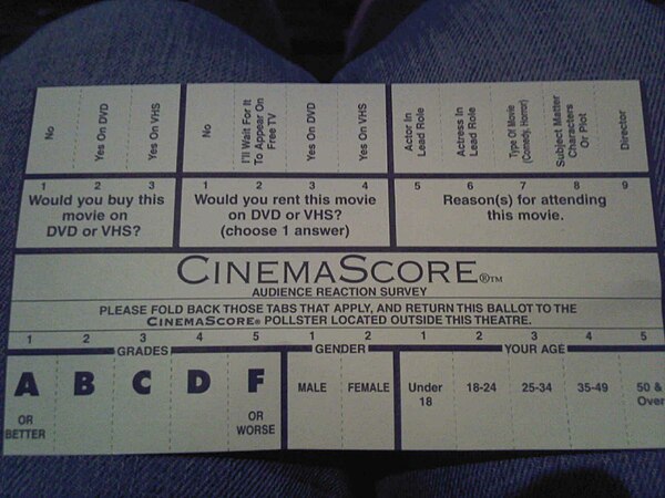 A CinemaScore survey card