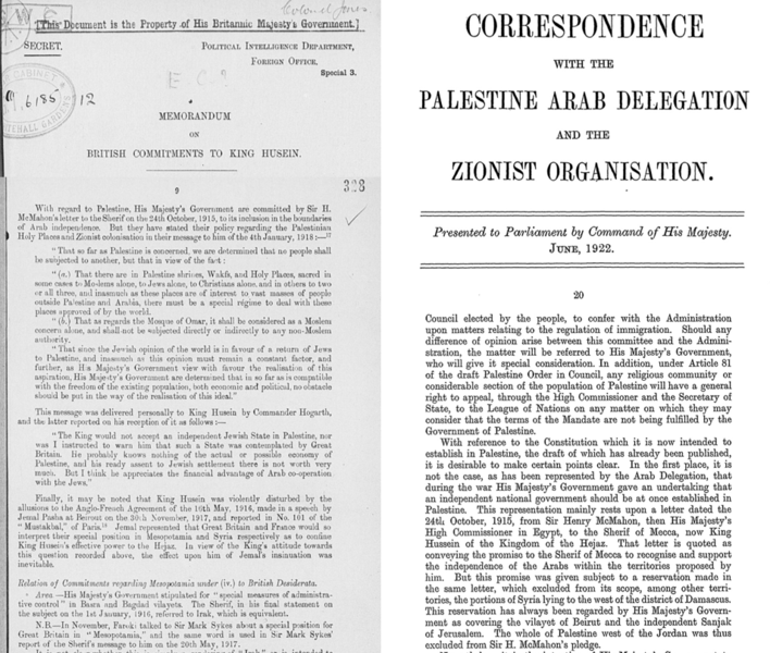 File:Conflicting British Government interpretations of the Hussein McMahon correspondence of 1915, showing interpretations from 1918 and 1922.png