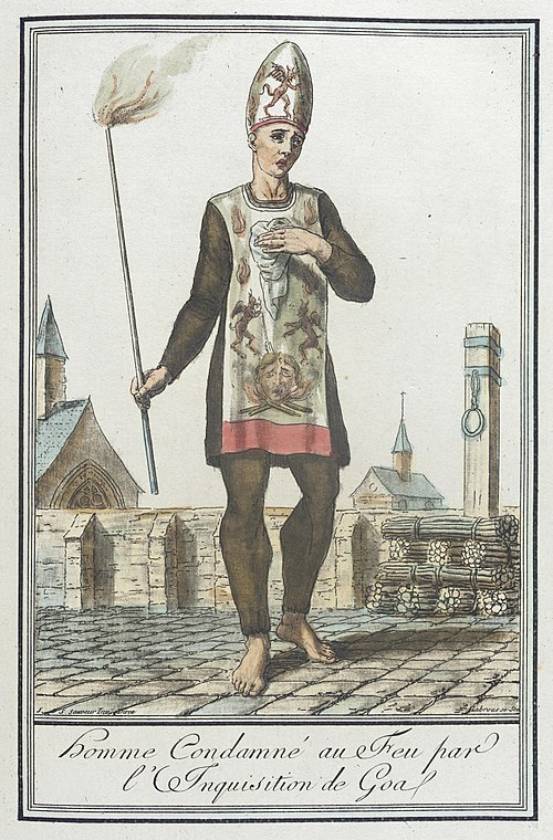 An 18th century French sketch showing a man condemned to be burnt alive by the Goa Inquisition. The stake is behind him to his left, the punishment is