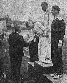 De G. à D. Yrjö Nikkanen (2e), Matti Järvinen (1er) et József Várszegi (3e) au lancement du javelot des championnats d'Europe 1938.jpg