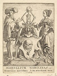 The Ambassadors' composition has often been compared with Holbein's Arms of Death. Death's coat of arms, from the Dance of Death MET DP822844.jpg