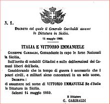 The decree with which Giuseppe Garibaldi assumes the title of Dictator in Sicily Decreto dittaura garibaldi.JPG