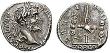 Denarius issued in 193 by Septimius Severus, to celebrate I Italica, which supported the commander of the Pannonian legions in his fight for the purple. Denarius-Septimius Severus-l1italica-RIC 0003.jpg