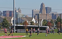 Soccer at Dobson Field Athletics Complex Downtown skyline as seen from Dobson Field, Buffalo, New York, September 2014.jpg