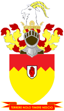 Arms: Or a Chief indented Gules; Crest: Out of a Ducal Coronet Or a Goat's Head Argent armed Gold; Motto: Terrere Nolo, Timere Nescio (Unwilling to frighten, unacquainted with fear) Dyer Achievement.png