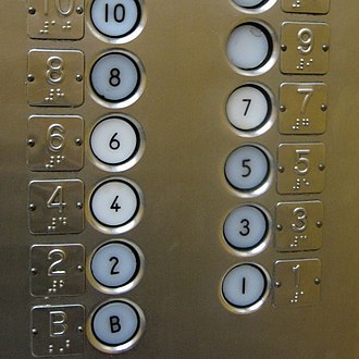 An elevator pitch quickly summarises an idea, product or service during a short journey in an elevator Elevator panel with Braille (cropped).jpg