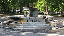 The vandalized Thompson Elk Fountain in Plaza Blocks after the elk statue was removed on July 2, 2020. Elk fountain with removed statue, Portland, Oregon, July 2020 - 4.jpg