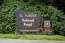 Entrance sign to El Yunque National Forest. Entrance to El Yunque National Forest sign, Puerto Rico.jpg