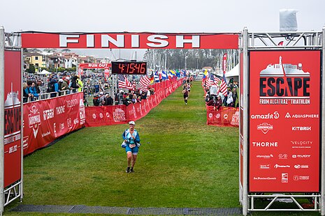 Runners completing the third leg of the 2022 Escape From Alcatraz Triathlon. Escape from alcatraz finish line 22.jpg