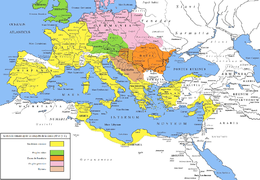Carte de l'Europe avec l'étendue de la République romaine, sur presque tout le pourtour méditerranéen hormis le Maroc, l'Algérie, l'Égypte, la Palestine, la Cappadoce et la Bulgarie.