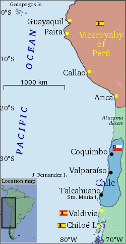 Territories controlled by Chile and the Viceroyalty of Peru after the Battle of Chacabuco. FCNS1.svg