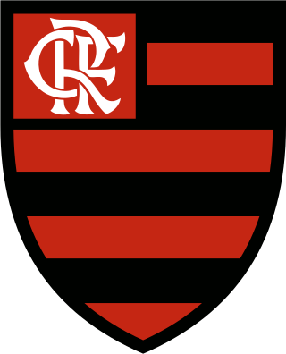 An escutcheon with horizontal red and black stripes, with a monogram of the letters CRF in its upper-left part