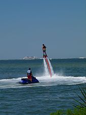 A Flyboard with its distinctive configuration of having the nozzles located below the pilot's feet