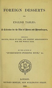 The title page of Hill's 1862 work Foreign Desserts for English Tables