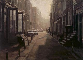 Amsterdammertjes in an Amsterdam street, in the painting Backlight Langestraat (1993) by Frans Koppelaar