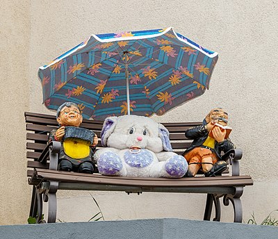 Grandma and grandpa with stuffed bunny, Wutach-Ewattingen, Baden-Württemberg, Germany