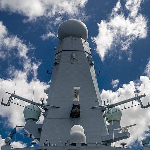 Spherical radome mounted atop the mainmast of a Type 45 destroyer