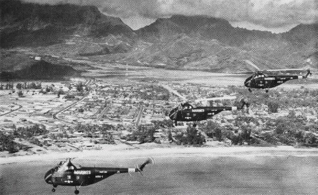 HMR-361 HRS helicopters over Kaneohe Bay, Oahu, Hawaii, 1953