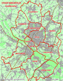 City-districts of Bielefeld: Bielefeld-Mitte (downtown), Brackwede, Dornberg, Gadderbaum, Heepen, Jöllenbeck, Schildesche, Senne, Sennestadt and Stieghorst