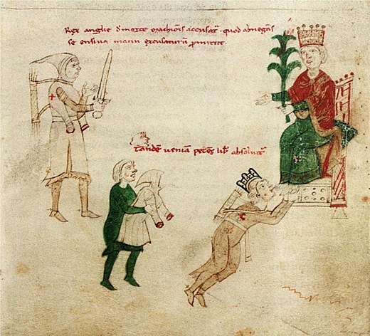 Depiction of Richard being pardoned by Emperor Henry VI in Peter of Eboli's Liber ad honorem Augusti, c. 1196