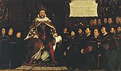 Kong Henrik 8. i fuldt kongeligt antræk med regalier, omgivet af en knælende gruppe mænd, alle i sort tøj og nogle med tilsvarende, tætsluttende huer