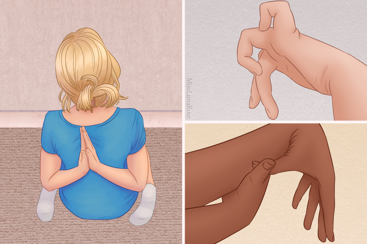 Three drawings depicting 4 hypermobility poses: W sitting, folding the hands in a "prayer" position behind the back, a little finger joint that goes backwards, and touching the thumb to the wrist of the same hand.