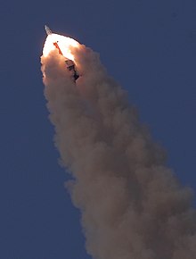 ISRO Gaganyaan boilerplate during its launch escape system pad abort test, 5 July 2018. ISRO Pad abort test Crew Module lifting off.jpg