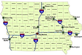Iowa's major interstates, larger cities, and counties