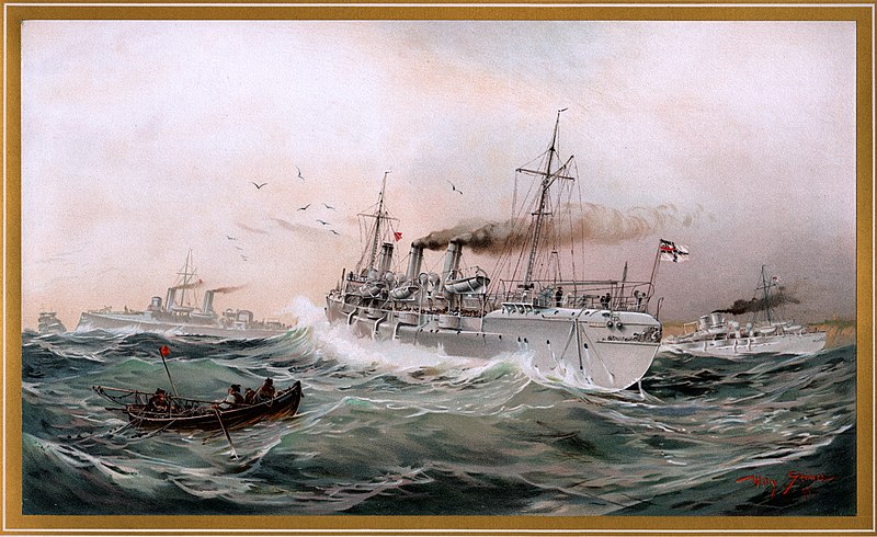 File:Kaiserliche Marine Greif, Meteor und Jagd spähen bei Brüsterort, Chromo-Lithographie von Willy Stöwer 1894, nr9 aus G. Wislicenus, Unsre Kriegsflotte.jpg