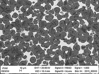 Composite of Ti-6Al-4V and silver, produced by means of 3D printing and infiltration, SEM picture of metallographic section Komposit aus Ti-6Al-4V und Silber, hergestellt mittels Binder Jetting und Infiltration, REM-Aufnahme des Gefuges.jpg