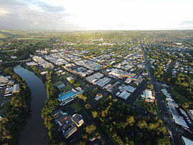 Lismore from helicopter, overlooking the Bruxner Highway and Lismore CBD