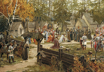 Sergius of Radonezh blessing Dmitry Donskoy in Trinity Sergius Lavra, before the Battle of Kulikovo, depicted in a painting by Ernst Lissner