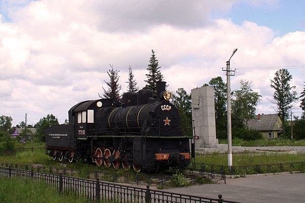 The steam locomotive at Petrokrepost railway station established in memory of a railwayman of the Road of Life