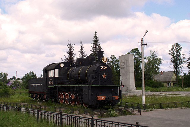 The steam locomotive at Petrokrepost railway station established in memory of a railwayman of the Road of Life