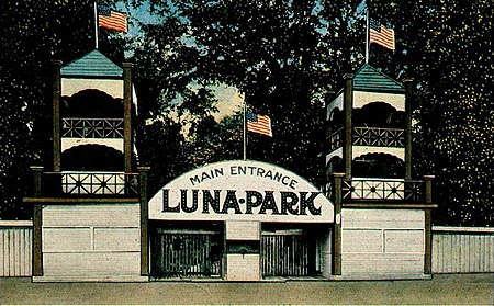 Post card picture of the main entrance of Luna Park, Charleston. After a fire destroyed its roller coaster, the park closed its gates in 1923. LunaPark-Charleston-entrance.jpg