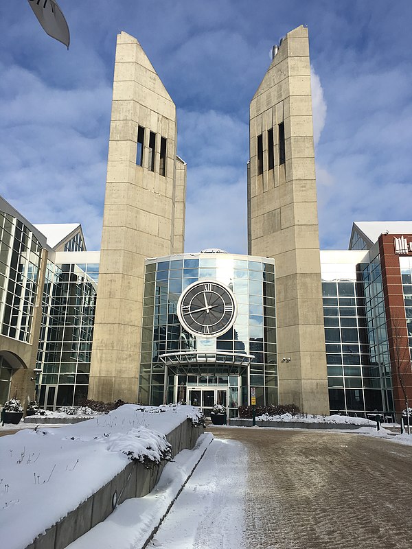 MacEwan University Clock Tower, between Building 6 and 7, the most well-known symbol and main entrance of the university.