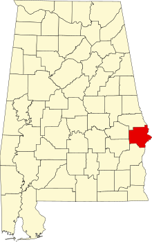 Russell County within Alabama Map of Alabama highlighting Russell County.svg