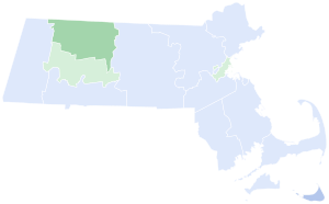 Results by county
Biden--30-40%
Biden--40-50%
Sanders--30-40%
Sanders--40-50% Massachusetts Democratic presidential primary election results by county, 2020 (margins).svg