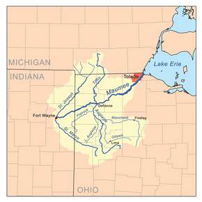 The Maumee River basin. The Maumee, flowing north-east, has broken into part of the Wabash River basin, capturing west-flowing streams and reversing their flow direction on entering it. Maumeerivermap.png