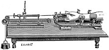 Sketch of a mechanical device resting on a table, securing a human arm.
