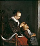 A mother combing the hair of her child. 1650-1659. oil on panelmedium QS:P186,Q296955;P186,Q106857709,P518,Q861259. 33.5 × 29 cm (13.1 × 11.4 in). The Hague, Mauritshuis.