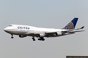 Post-merger Boeing 747-400 at Beijing Capital International Airport in ex-Continental "Globe" livery (2010–2019)