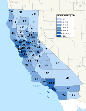 Distribuição de NRHPs nos condados da Califórnia.