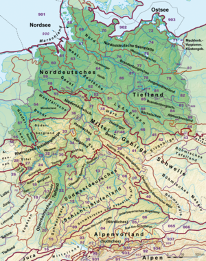 Germany's major natural regions - Level 1: dark red, 2: orange, and 3: violet; major landscape unit groups: thin violet - based on the BfL classification Naturraeumliche Grossregionen Deutschlands plus.png