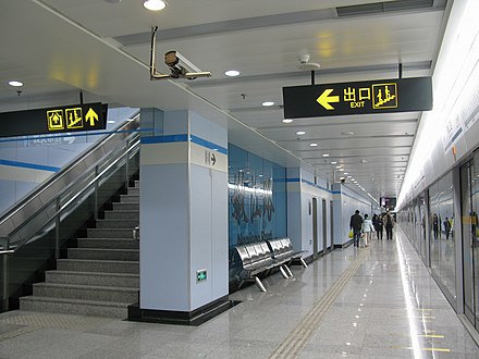 Nenjiang Road station in Yangpu District, on Shanghai Metro Line 8. Line 8 is coloured deep blue. Beware of the similarity to Line 9, which is sky blue in colour.
