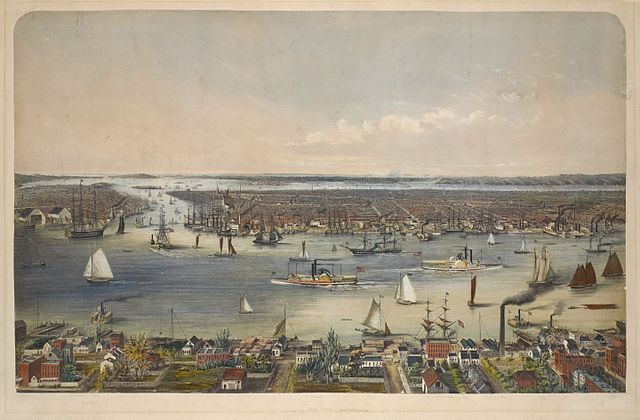 Depiction of shipyards in 1848 from across East River