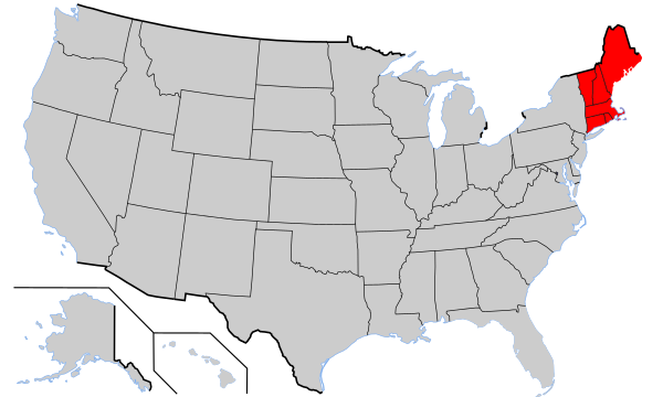 The New England region of the United States is shaded in red above.