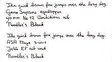 Noodler's Black fountain pen ink writing samples. This is a 'bulletproof' permanent ink featuring cellulose-reactive dye. Noodler's Black fountain pen ink writing samples.jpg
