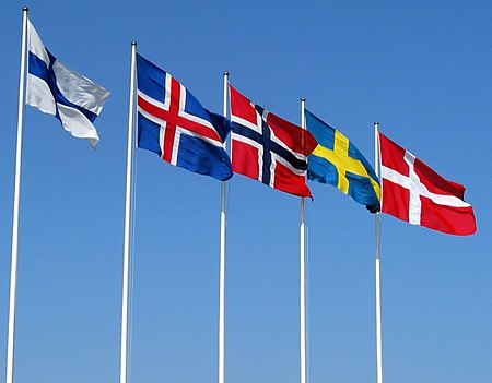 Flags of the Nordic countries from left to right: Finland, Iceland, Norway, Sweden, and Denmark